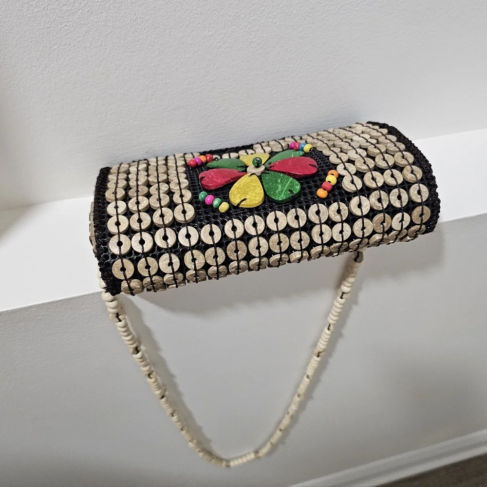 Handcrafted Beaded Flower Crossbody Bag in Natural and Multicolor - Picture 8 of 10